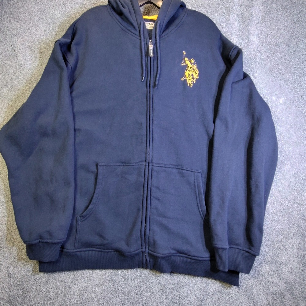 U.S. Polo Assn. Mens Large Navy Blue Fleece Lined Full Zip Hoodie Jacket Horse